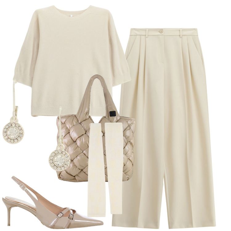 Outfit donna - Total White. Stile Minimal per Tutti i giorni. Abbinamento con décolleté, pantaloni a palazzo, maglieria, guanti, orecchini, borse tote.