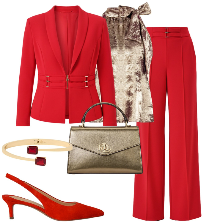 Outfit donna - Festive harmony. Stile Chic per Tutti i giorni. Abbinamento con top, blazer, pantaloni a palazzo, décolleté, borse a mano, braccialetti.