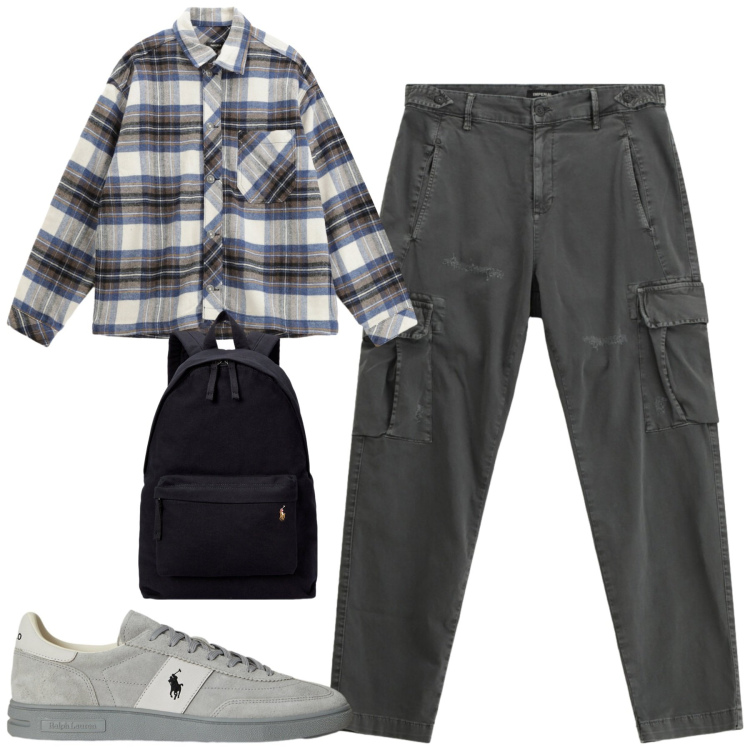 Outfit uomo - Total look #2304983. Stile Casual per Tutti i giorni. Abbinamento con camicie, pantaloni cargo, borse sportive, sneakers.