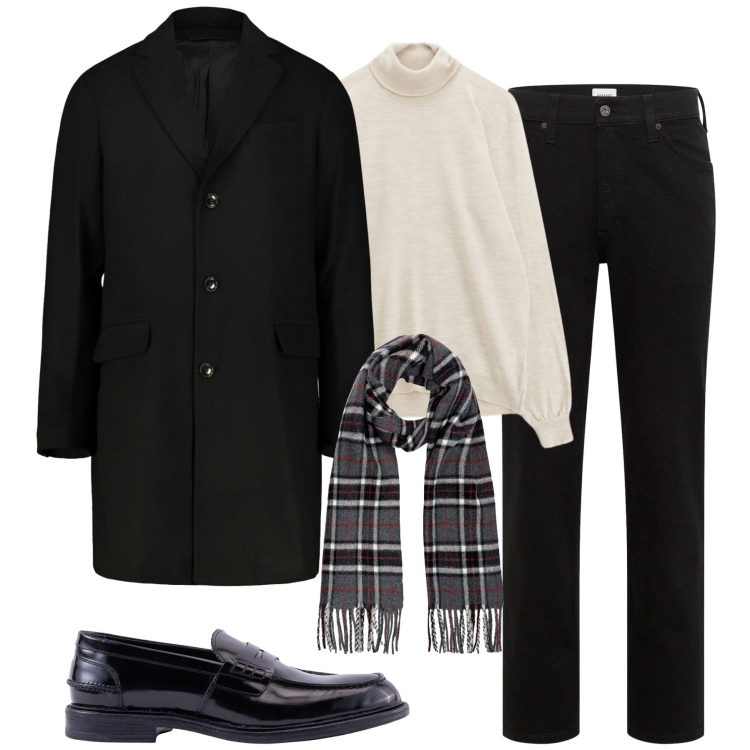 Outfit uomo - Serata cinema o teatro. Stile Business/Elegante per Serata speciale. Abbinamento con jeans dritti, maglieria, sciarpe, scarpe stringate, cappotti.