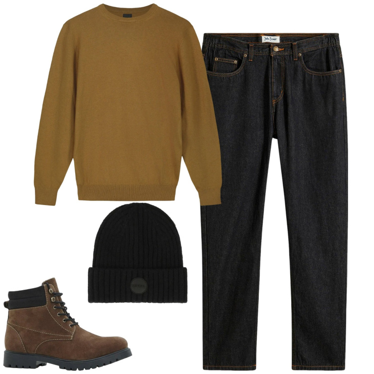 Outfit uomo - Dicembre. Stile Casual per Tutti i giorni. Abbinamento con jeans dritti, stivali e stivaletti, cappelli, maglieria.