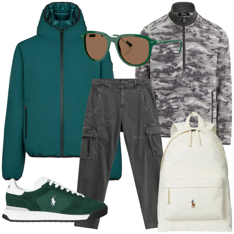 Outfit uomo - Look da montagna (anche in città). Stile Trendy per Tutti i giorni. Abbinamento con pantaloni cargo, occhiali da sole, borse sportive, sneakers, pullovers, bomber.