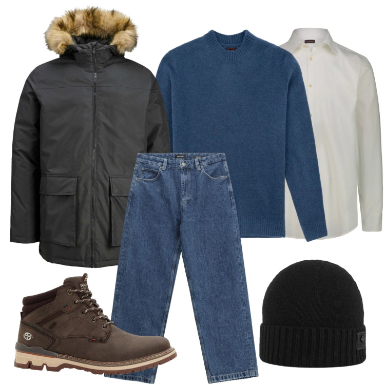 Outfit uomo - Look invernale. Stile Casual per Ufficio. Abbinamento con stivali e stivaletti, parka, jeans, berretti, camicie, maglieria.