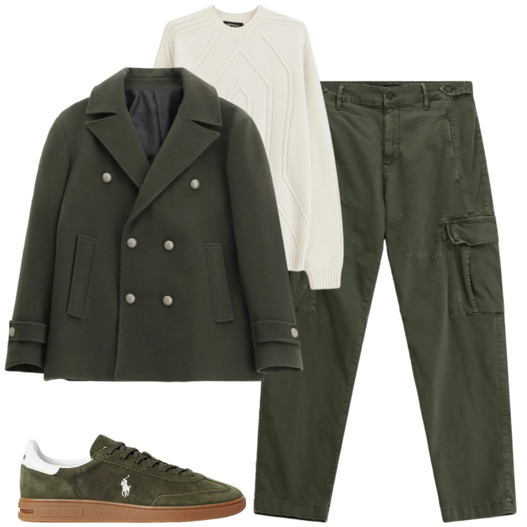 Outfit uomo - Dicembre. Stile Urban per Tutti i giorni. Abbinamento con cappotti, pullovers, pantaloni cargo, sneakers.