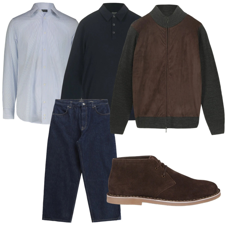 Outfit uomo - Casual denim. Stile Casual per Tutti i giorni. Abbinamento con jeans, maglieria, giacche, stivali e stivaletti, camicie.