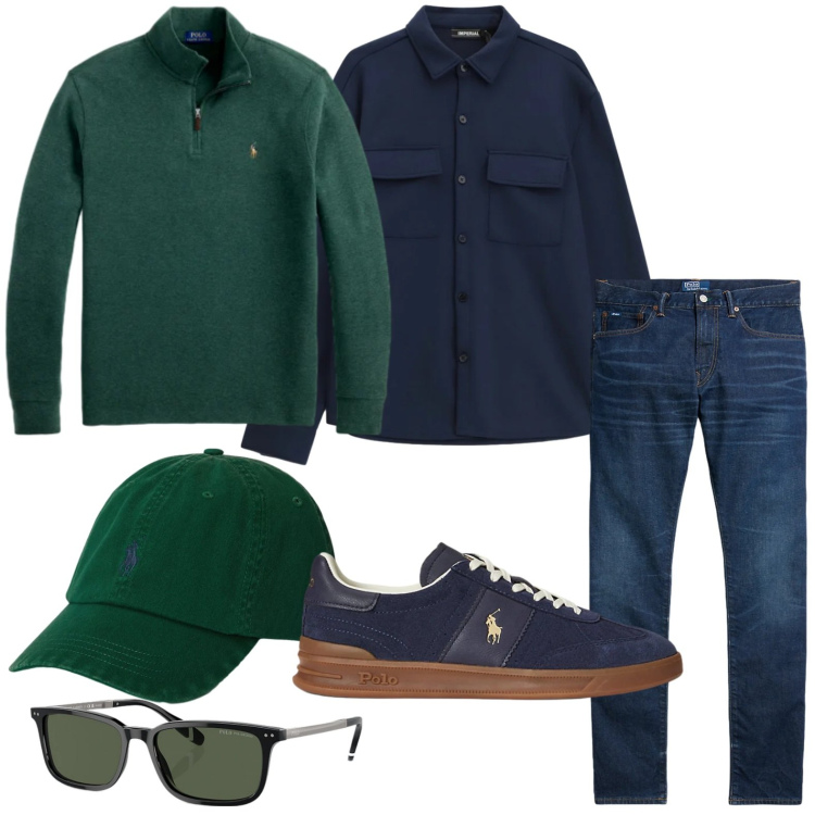 Outfit uomo - Abbinamento blu e verde. Stile Casual per Tutti i giorni. Abbinamento con camicie, occhiali da sole, jeans, sneakers, pullovers, cappelli con visiera.