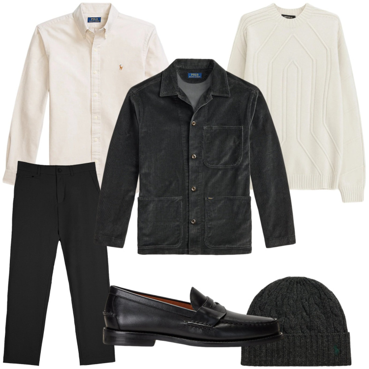 Outfit uomo - Serata “cinema o teatro”. Stile Trendy per Serata speciale. Abbinamento con pullovers, scarpe stringate, berretti, camicie, giacche, pantaloni chino.