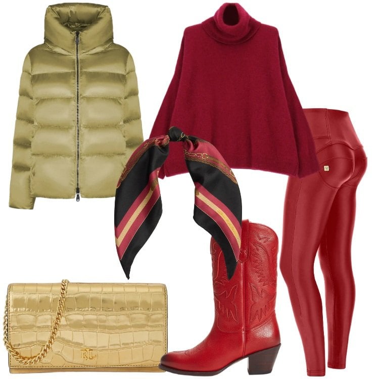 Outfit donna - Festive Harmony. Stile Trendy per Serata fuori. Abbinamento con maglieria, pantaloni skinny, stivali, foulard, borse a tracolla, piumini.