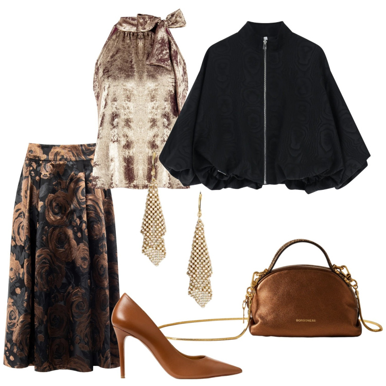 Outfit donna - Capirà da sogno. Stile Glamour per Serata fuori. Abbinamento con top, gonne longuette, bomber, borse a mano, décolleté, orecchini.