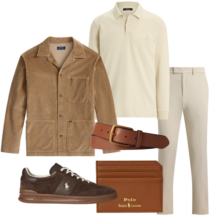 Outfit uomo - Colori neutri. Stile Trendy per Ufficio. Abbinamento con cinture, portafogli, sneakers, polo, giacche, pantaloni.