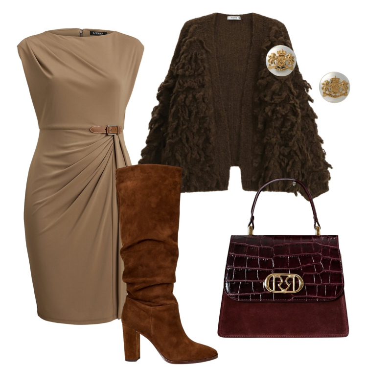 Outfit donna - Total look #2305011. Stile Glamour per Serata fuori. Abbinamento con cardigans, borse a mano, vestiti, orecchini, stivali.