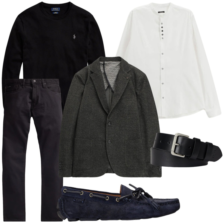 Outfit uomo - Vestirsi a strati. Stile Trendy per Ufficio. Abbinamento con giacche, camicie, scarpe stringate, maglieria, cinture, jeans.