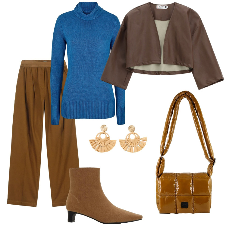 Outfit donna - Total look #2305014. Stile Casual chic per Ufficio. Abbinamento con maglieria, orecchini, stivaletti, giacche, borse a spalla, pantaloni.