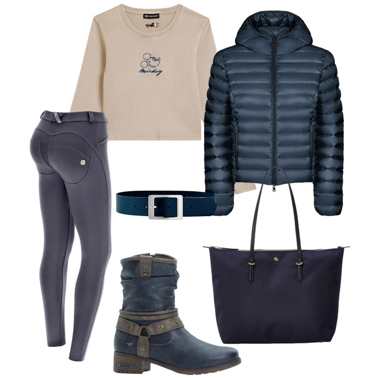 Outfit donna - Total look #2305016. Stile Casual chic per Ufficio. Abbinamento con cinture, stivali, pantaloni skinny, t-shirt, borse tote, bomber.