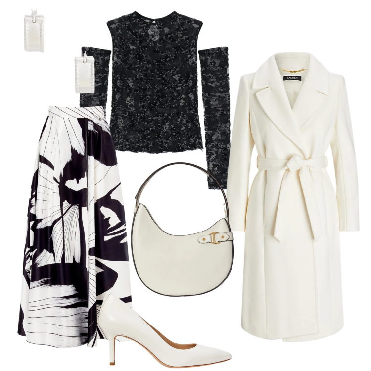 Outfit donna - Total look #2305017. Stile Glamour per Serata fuori. Abbinamento con gonne lunghe, top, cappotti, décolleté, orecchini, borse a spalla.