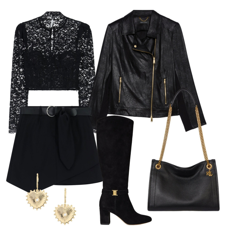 Outfit donna - Capodanno rock. Stile Rock per Serata fuori. Abbinamento con minigonne, bluse, orecchini, stivali, borse tote, giacche.