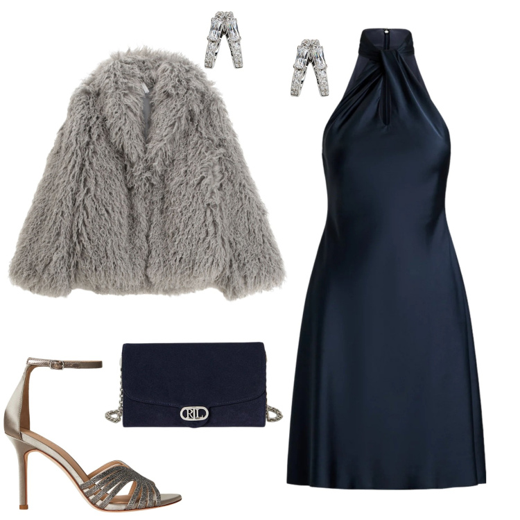 Outfit donna - San Silvestro in blu e argento. Stile Chic per Serata fuori. Abbinamento con ecopellicce, vestiti, orecchini, borse a tracolla, sandali gioiello.