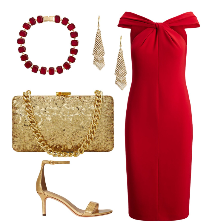 Outfit donna - San Silvestro in rosso e oro. Stile Chic per Serata fuori. Abbinamento con clutch, sandali in pelle, vestiti, braccialetti, orecchini.