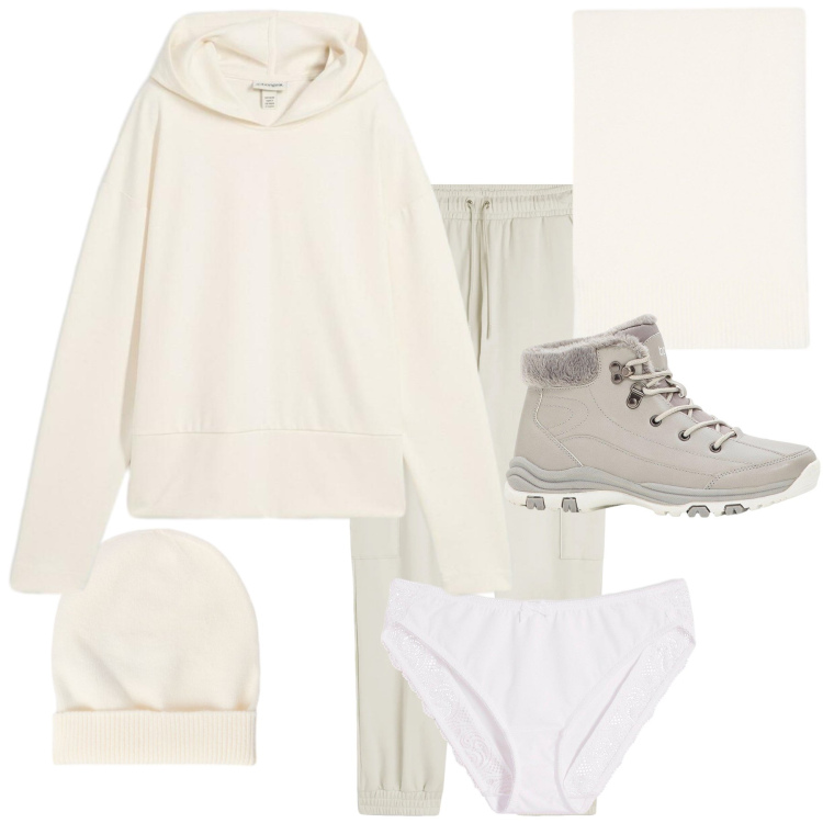 Outfit donna - I love white shades. Stile Basic per Tutti i giorni. Abbinamento con culotte, stivaletti, felpe con cappuccio, pantaloni cargo, berretti, sciarpe.
