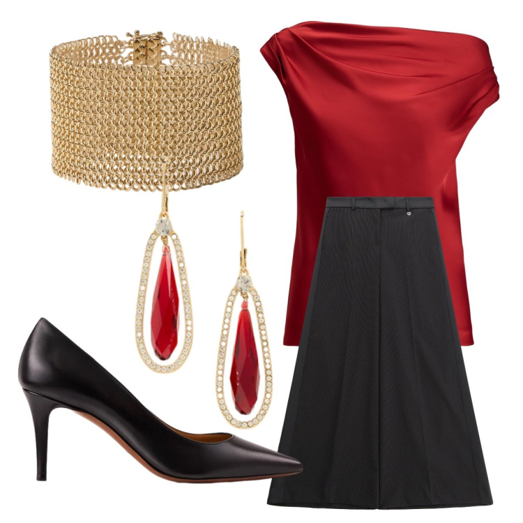 Outfit donna - Feste di dicembre. Stile Glamour per Cerimonia. Abbinamento con pantaloni, top, décolleté, orecchini, braccialetti.