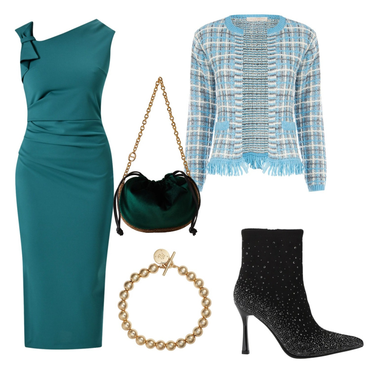 Outfit donna - Sobrio, ma luminoso. Stile Glamour Abbinamento con vestiti a tubino, blazer, stivaletti, borse a spalla, braccialetti.