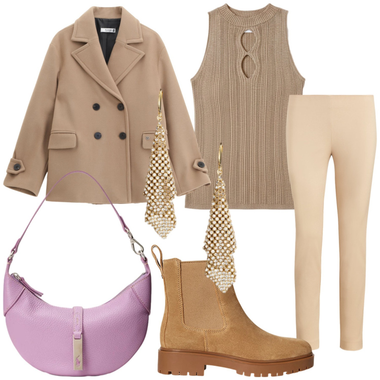 Outfit donna - Avvolgente cammello e un po’ di lilla. Stile Trendy per Ufficio. Abbinamento con cappotti, top, stivaletti chelsea, pantaloni skinny, borse a spalla, orecchini.