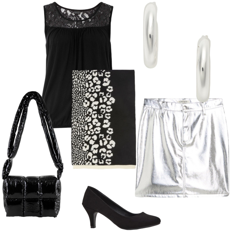 Outfit donna - Se la gonna risplende. Stile Glamour per Serata fuori. Abbinamento con décolleté, top, minigonne, orecchini, borse a spalla, sciarpe.