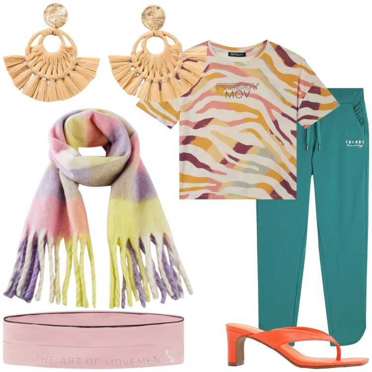 Outfit donna - La mia allegra casa. Stile Trendy per Tutti i giorni. Abbinamento con infradito, orecchini, sciarpe, marsupi, t-shirt, pantaloni.