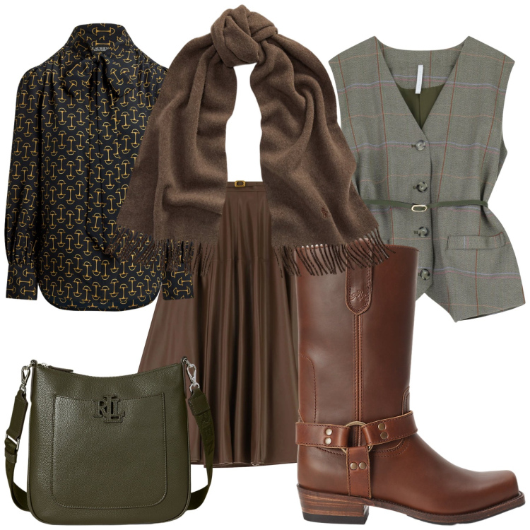 Outfit donna - Camicia e gilet e l ufficio è chic. Stile Urban per Ufficio. Abbinamento con gonne lunghe, gilet, sciarpe, borse a tracolla, stivaletti, bluse.