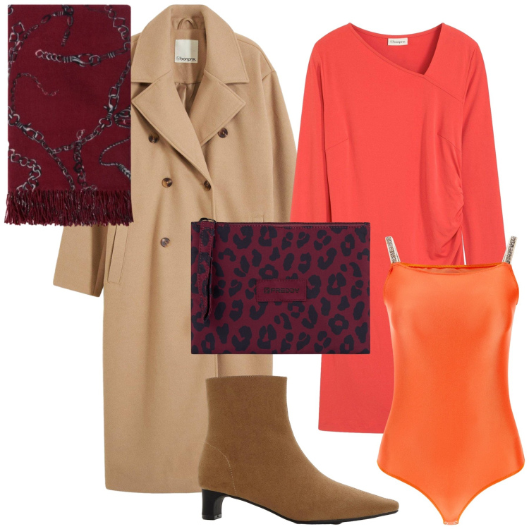 Outfit donna - Prima cena di auguri coi colleghi. Stile Urban per Serata fuori. Abbinamento con vestiti, stivaletti, cappotti, body, clutch, sciarpe.