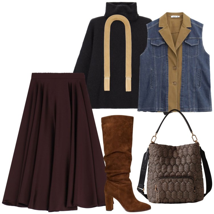 Outfit donna - Dark chocolate. Stile Chic per Tutti i giorni. Abbinamento con gilet, gonne longuette, maglieria, borse a secchiello, stivali, collane.