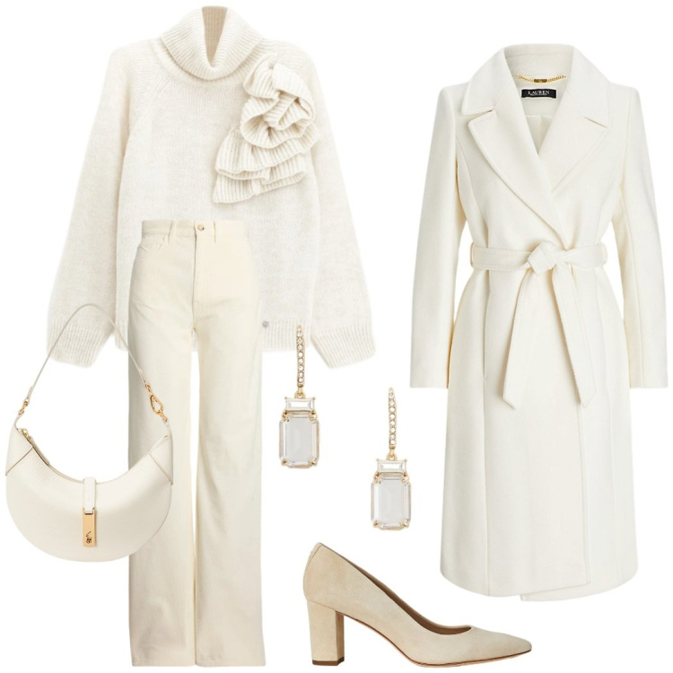 Outfit donna - Bella come la neve a Natale. Stile Chic per Serata fuori. Abbinamento con maglieria, cappotti, borse a spalla, décolleté, pantaloni, orecchini.