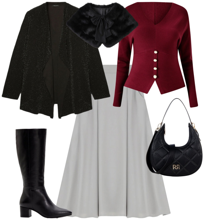 Outfit donna - Festività casual chic. Stile Casual chic per Tutti i giorni. Abbinamento con stivali, maglieria, borse a tracolla, stole, gonne lunghe, cardigans.