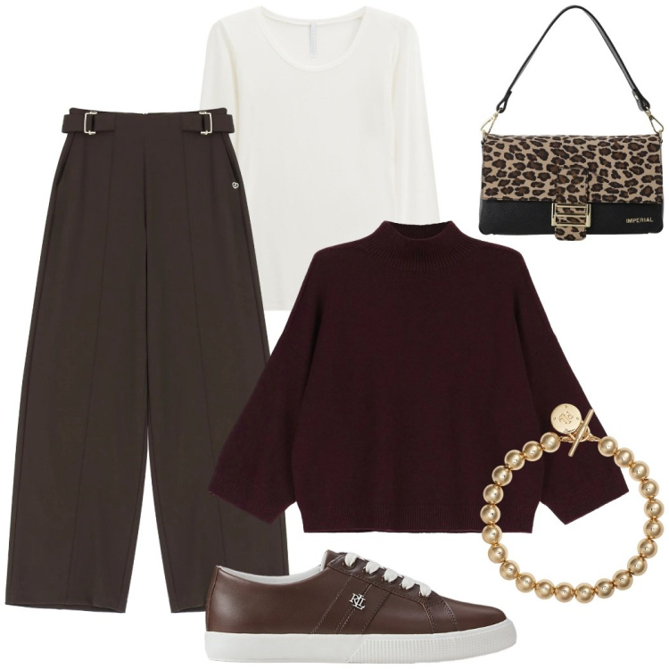 Outfit donna - Total look #2305048. Stile Casual chic per Ufficio. Abbinamento con pantaloni a palazzo, t-shirt, borse a spalla, maglieria, braccialetti, sneakers.