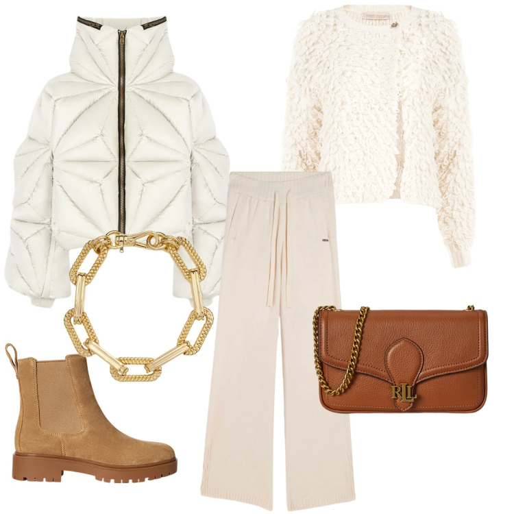 Outfit donna - Candore senza tempo. Stile Casual per Tutti i giorni. Abbinamento con cardigans, pantaloni, stivaletti chelsea, clutch, braccialetti, piumini.