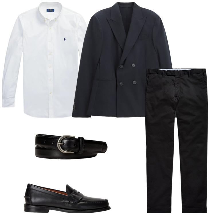 Outfit uomo - Total look #2305051. Stile Business/Elegante per Cerimonia. Abbinamento con giacche, scarpe stringate, camicie, pantaloni chino, cinture.