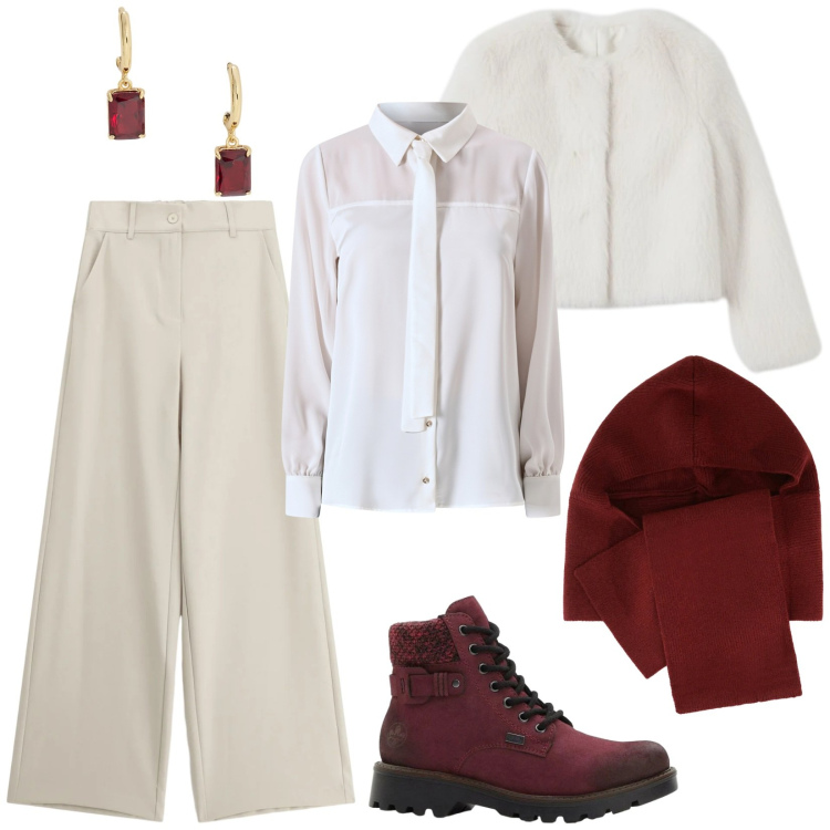 Outfit donna - Classico con ecopelliccia. Stile Bon Ton per Tutti i giorni. Abbinamento con stivaletti, sciarpe, camicie, ecopellicce, pantaloni a palazzo, orecchini.