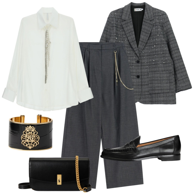 Outfit donna - Luninosa al lavoro - @pamela. Stile Glamour per Ufficio. Abbinamento con blazer, camicie, pantaloni a palazzo, mocassini, clutch, braccialetti.