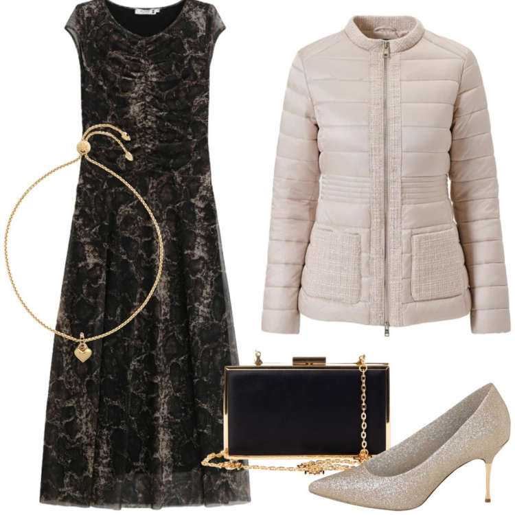 Outfit donna - Total look #2305060. Stile Chic per Serata fuori. Abbinamento con vestiti lunghi, pochette, décolleté, piumini, braccialetti.