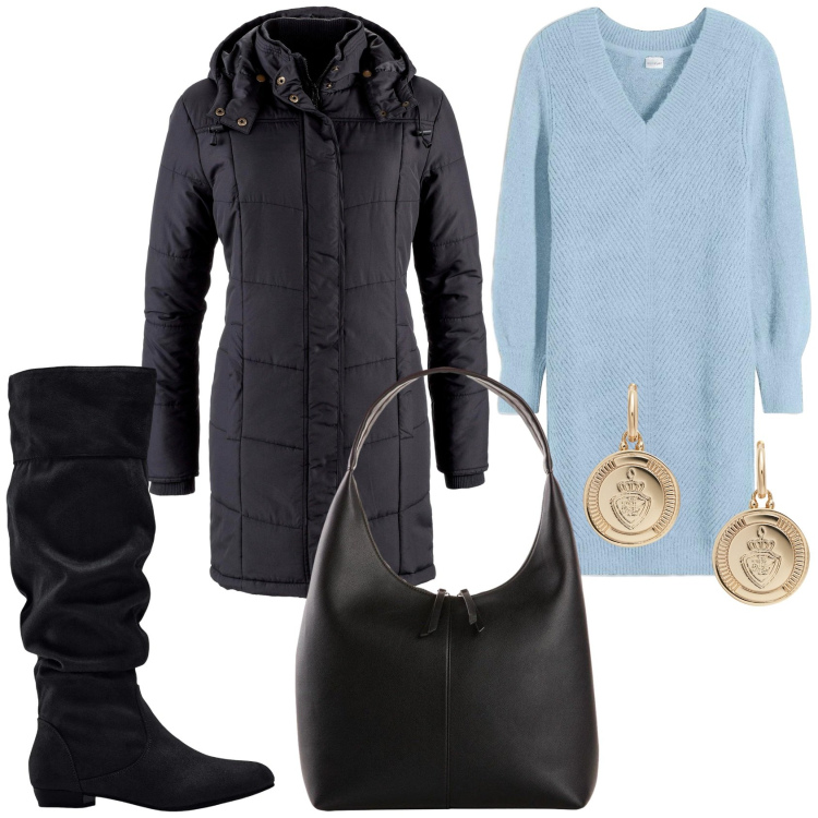 Outfit donna - Abito in maglia. Stile Casual chic per Tutti i giorni. Abbinamento con stivali, giacche, vestiti, shopping bag, orecchini.