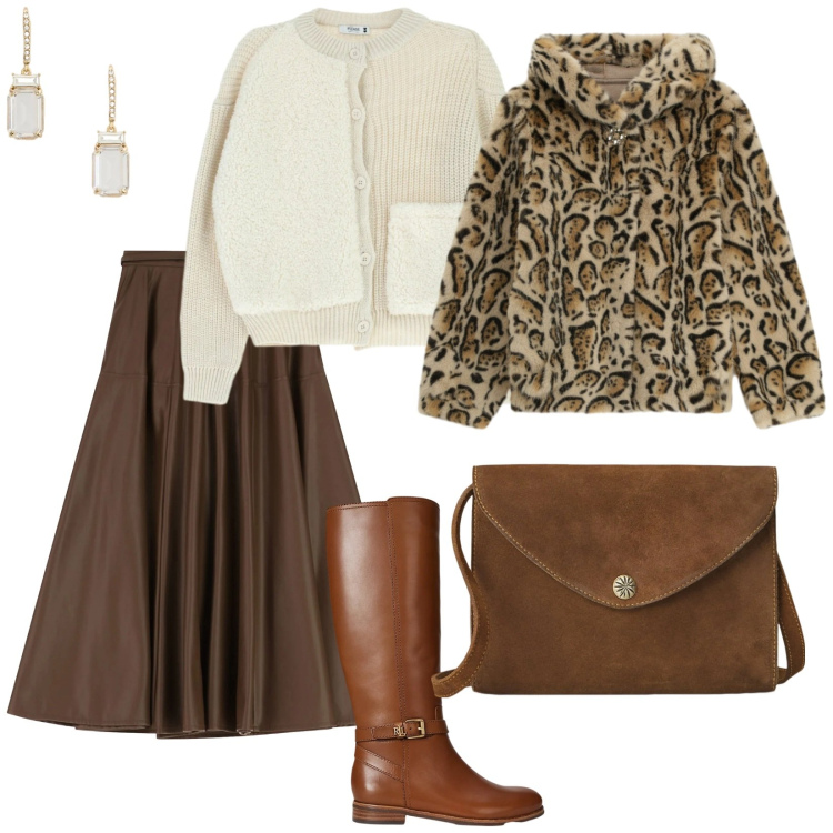 Outfit donna - Freddo dicembre. per Ufficio. Abbinamento con cardigans, ecopellicce, gonne lunghe, borse a tracolla, stivali, orecchini.