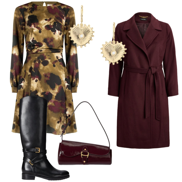 Outfit donna - Spendere sempre. per Ufficio. Abbinamento con vestiti midi/longuette, stivali, borse a spalla, cappotti, orecchini.