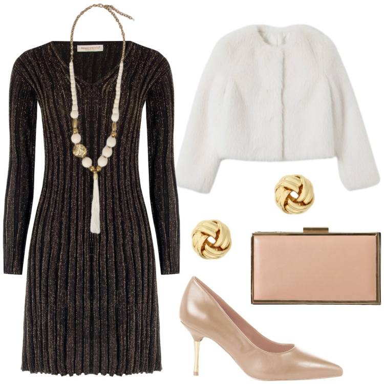 Outfit donna - Brilliamo. Stile Chic per Serata fuori. Abbinamento con décolleté, vestiti corti, pochette, ecopellicce, orecchini, ciondoli.