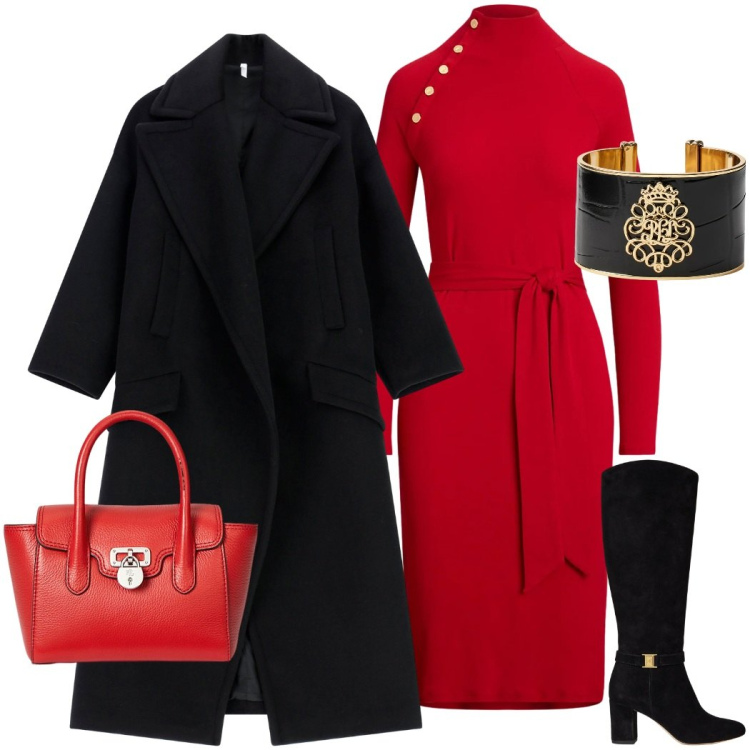 Outfit donna - Festive Harmony. Stile Chic per Serata fuori. Abbinamento con cappotti, vestiti lunghi, borse a mano, braccialetti, stivali.