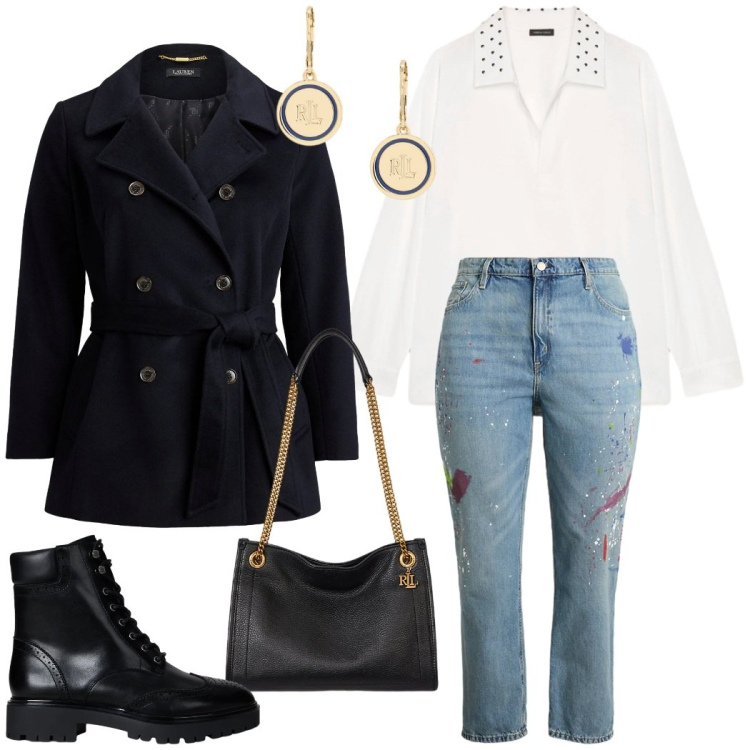 Outfit donna - Total look #2305079. Stile Casual chic per Tutti i giorni. Abbinamento con jeans boyfriend, borse tote, anfibi, cappotti, orecchini, camicie.