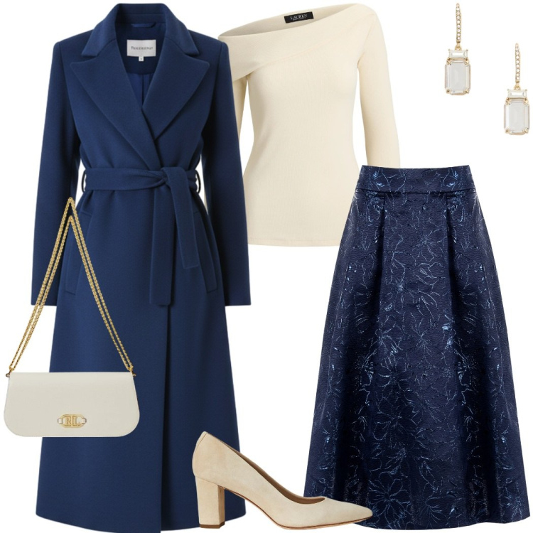 Outfit donna - Festive Harmony. Stile Chic per Serata fuori. Abbinamento con cappotti, gonne longuette, décolleté, top, orecchini, borse a spalla.