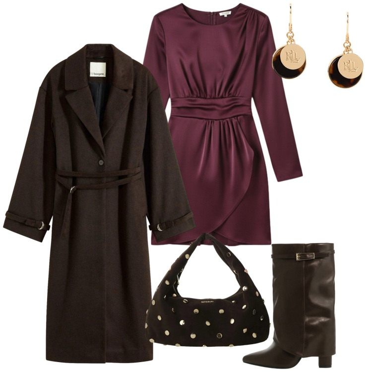 Outfit donna - Total look #2305083. Stile Chic per Serata fuori. Abbinamento con cappotti, vestiti corti, stivali, borse a spalla, orecchini.