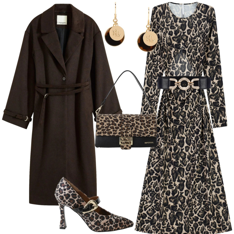 Outfit donna - Chic con l animalier. Stile Chic per Serata fuori. Abbinamento con cappotti, cinture, borse a spalla, vestiti lunghi, décolleté, orecchini.