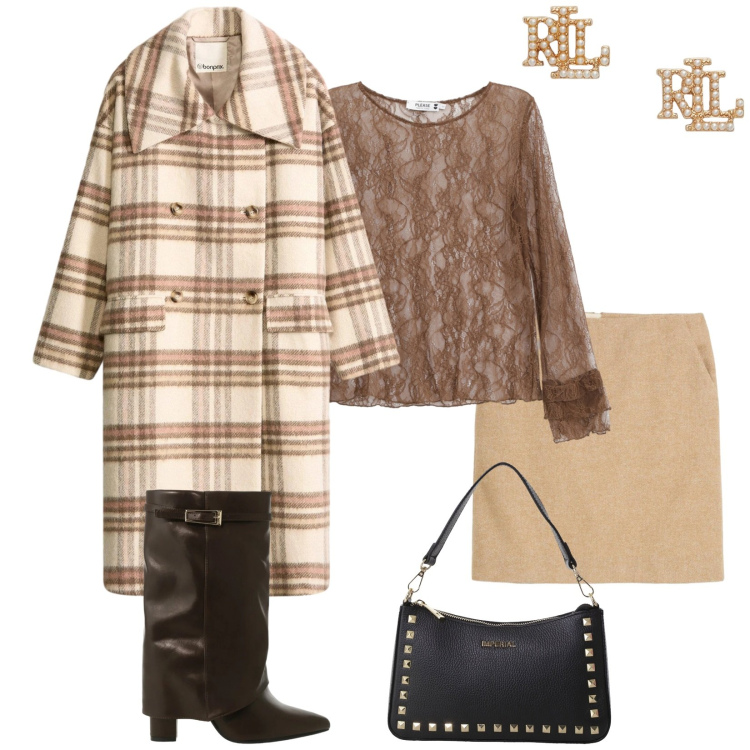 Outfit donna - Total look #2305089. Stile Chic per Serata fuori. Abbinamento con cappotti, gonne, top, pochette, stivali, orecchini.