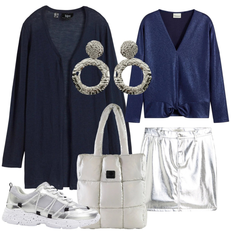 Outfit donna - Festive Harmony. Stile Glamour per Serata fuori. Abbinamento con cardigans, minigonne, sneakers, bluse, orecchini, shopping bag.